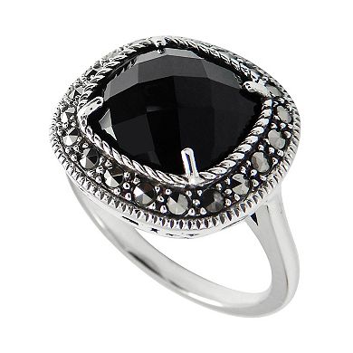 Lavish by TJM Sterling Silver Onyx & Marcasite Cushion Ring