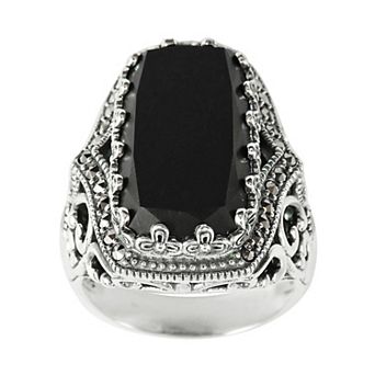 Lavish by TJM Sterling Silver Onyx & Marcasite Ornate Rectangular Ring