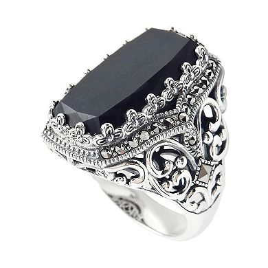 Lavish by TJM Sterling Silver Onyx & Marcasite Ornate Rectangular Ring