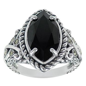 Lavish by TJM Sterling Silver Onyx & Marcasite Marquise Ring