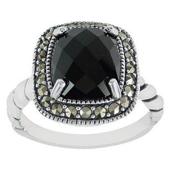 Lavish by TJM Sterling Silver Onyx & Marcasite Cushion Halo Ring