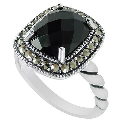 Lavish by TJM Sterling Silver Onyx & Marcasite Cushion Halo Ring