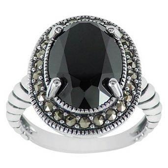 Lavish by TJM Sterling Silver Onyx & Marcasite Oval Halo Ring