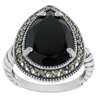Lavish by TJM Sterling Silver Onyx & Marcasite Drop Halo Ring
