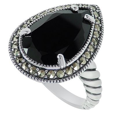 Lavish by TJM Sterling Silver Onyx & Marcasite Drop Halo Ring