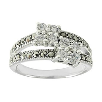 Lavish by TJM Sterling Silver Cubic Zirconia & Marcasite Cluster Split Band Right Hand Ring