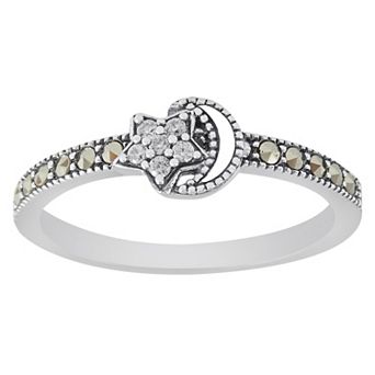 Lavish by TJM Sterling Silver Cubic Zirconia & Marcasite Moon & Star Ring