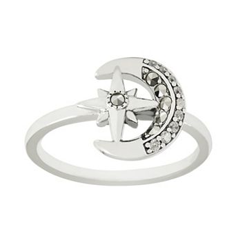 Lavish by TJM Sterling Silver Marcasite & Cubic Zirconia Moon & Star Slim Ring
