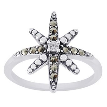 Lavish by TJM Sterling Silver Marcasite & Cubic Zirconia Star Burst Slim Ring