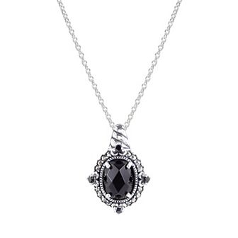 Lavish by TJM Sterling Silver Onyx & Marcasite Oval Halo Pendant Necklace