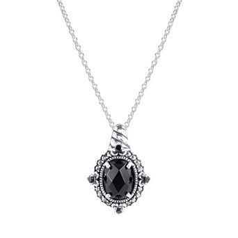 Lavish by TJM Sterling Silver Onyx & Marcasite Oval Halo Pendant Necklace