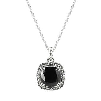 Lavish by TJM Sterling Silver Onyx & Marcasite Cushion Halo Pendant Necklace