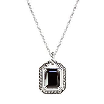Lavish by TJM Sterling Silver Onyx & Marcasite Square Halo Pendant Necklace