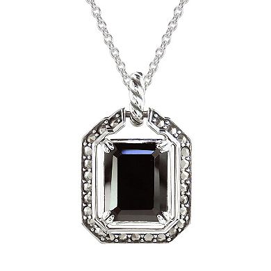 Lavish by TJM Sterling Silver Onyx & Marcasite Square Halo Pendant Necklace