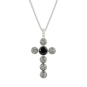 Lavish by TJM Sterling Silver Onyx & Marcasite Cross Necklace
