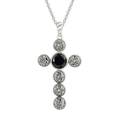 Lavish by TJM Sterling Silver Onyx & Marcasite Cross Necklace