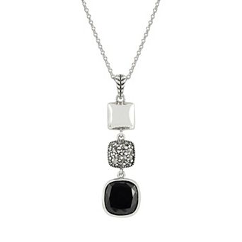Lavish by TJM Sterling Silver Onyx & Marcasite Cushion Triple Drop Pendant Necklace