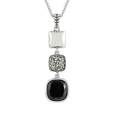 Lavish by TJM Sterling Silver Onyx & Marcasite Cushion Triple Drop Pendant Necklace