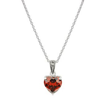 Lavish by TJM Sterling Silver Red Cubic Zirconia & Marcasite Heart Drop Pendant Necklace