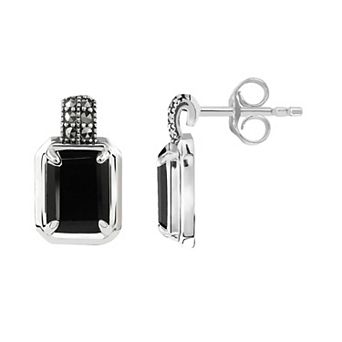 Lavish by TJM Sterling Silver Onyx & Marcasite Square Halo Stud Earrings