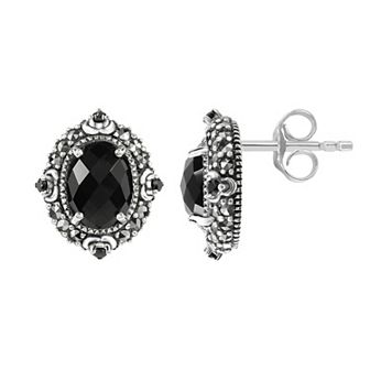 Lavish by TJM Sterling Silver Onyx & Marcasite Round Frame Stud Earrings