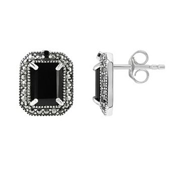 Lavish by TJM Sterling Silver Onyx & Marcasite Square Stud Earrings