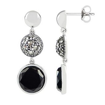 Lavish by TJM Sterling Silver Onyx & Marcasite Round Double Drop Earrings