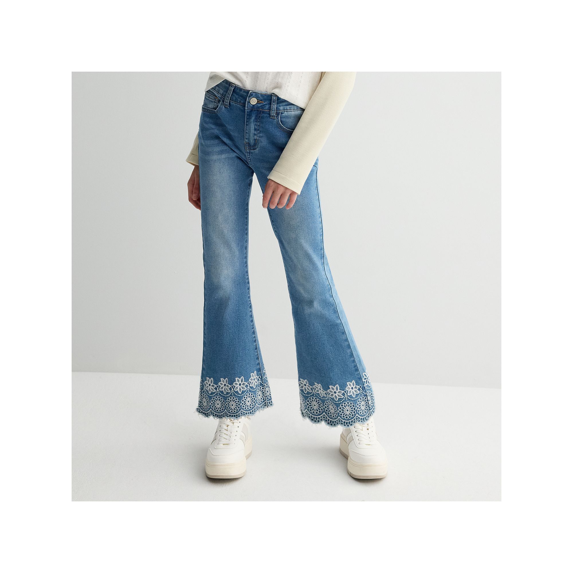 Girls 7-16 Gogo Star Crochet Textured Denim Flare Pants, Girls, Medium Blu