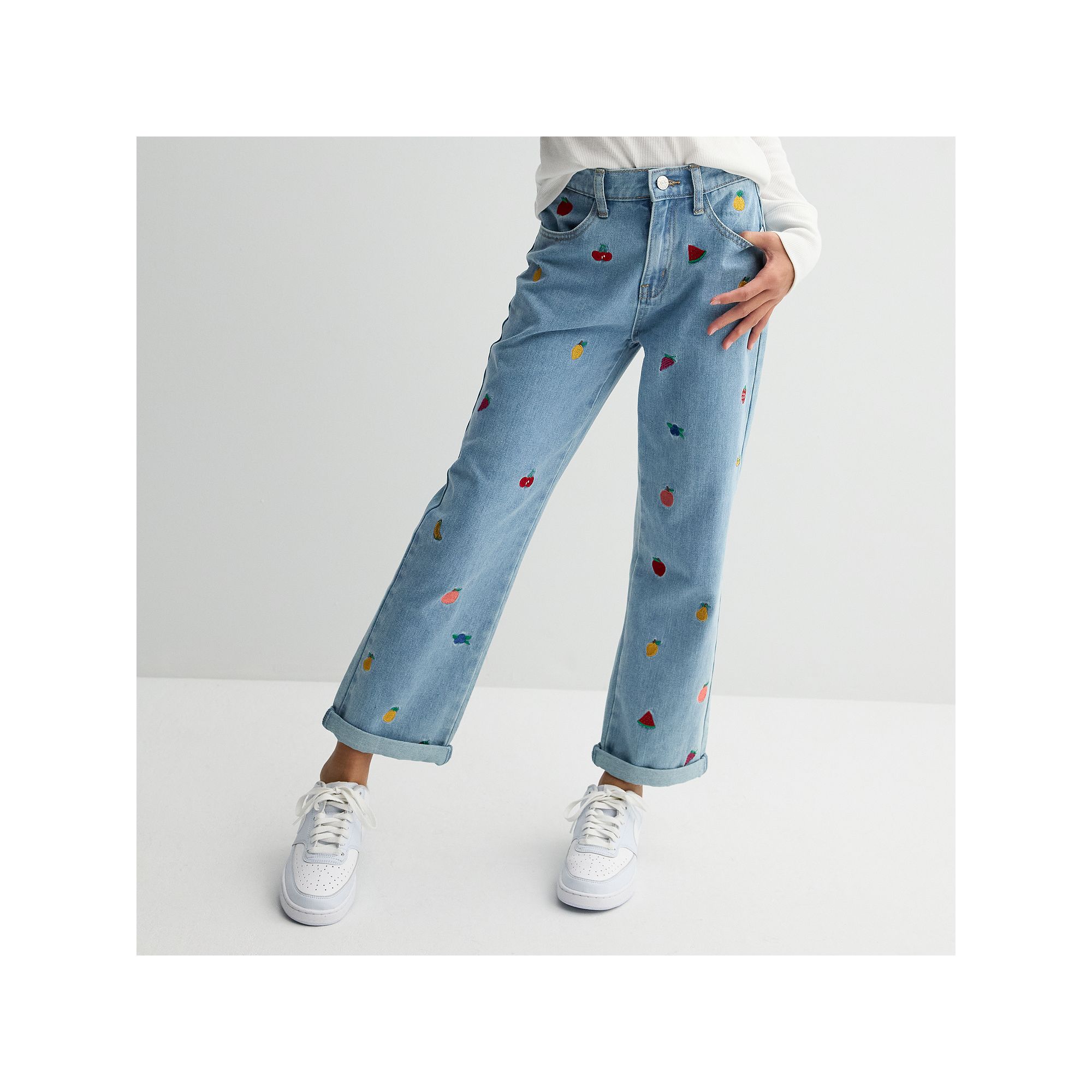 Girls 7-16 Gogo Star All Over Fruit Embroidered Jeans, Girls, Light Blue