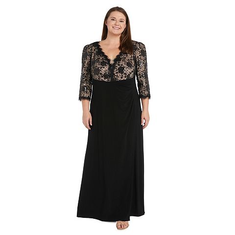 Женские платья R&M Plus Size R&M Richards Three Quarter Sleeve Lace Bodice Long Cocktail Dress