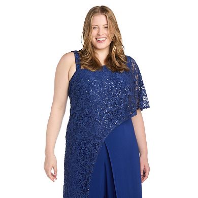 Plus Size R&M Richards Embroidered Sequin Lace Capelet Jumpsuit