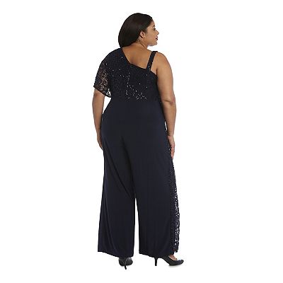 R M Richards 3556W Long Plus Size Sequin Formal Jumpsuit Royal 20W