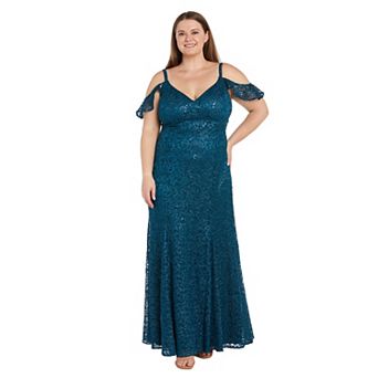 Plus Size R&M Richards Long Sequin Flutter Sleeve Lace Dress