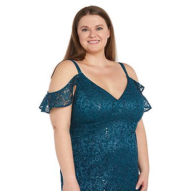 Plus Size R&M Richards Long Sequin Flutter Sleeve Lace Dress