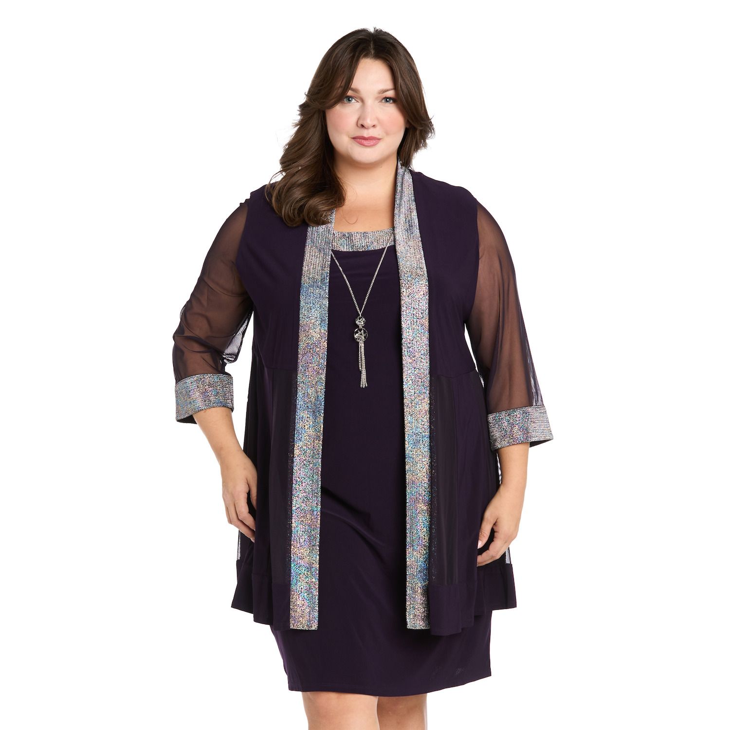 Женские платья R&M Richards Plus Size R&M Richards 2 pc Foil Texture Knit Detail Jacket & Dress Set