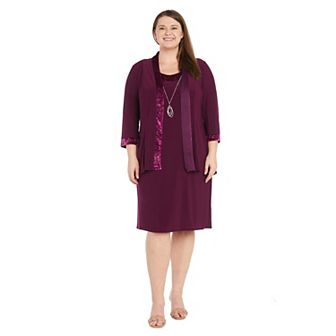 Plus Size R&M Richards 2 pc Banded Glitter Velvet Trim Jacket & Dress Set