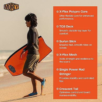 Morey Mach 10 40" Bodyboard, Crescent Tail Body Board With X-flex Polypro Core Tc8