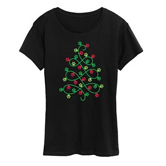Women's Paw Print Christmas Tree Graphic Tee