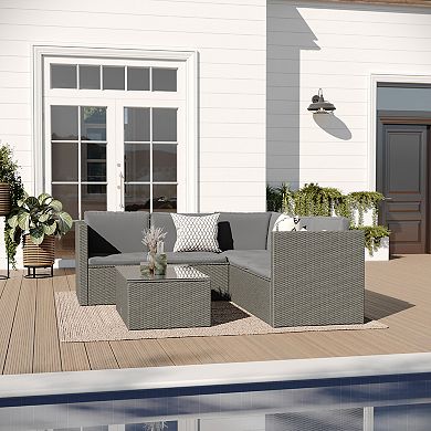 Merrick Lane Indoor/outdoor Pe Rattan Patio Sectional With Table And Cushions