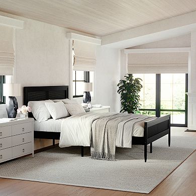 Martha Stewart Wooden Platform Bed with Rattan Inset Headboard and Footboard