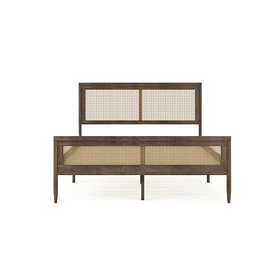 Martha Stewart Wooden Platform Bed with Rattan Inset Headboard and Footboard