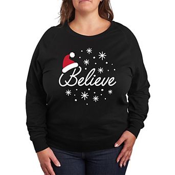 Plus Size Believe With Santa Hat French Terry Long Sleeve Tee