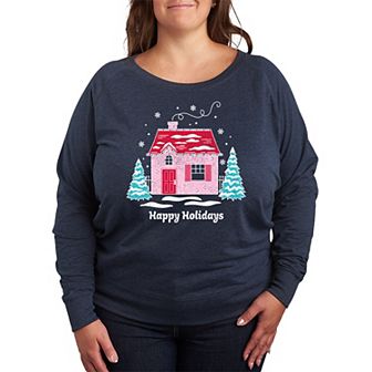 Plus Size Pink Holiday House French Terry Long Sleeve Tee