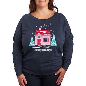 Plus Size Pink Holiday House French Terry Long Sleeve Tee