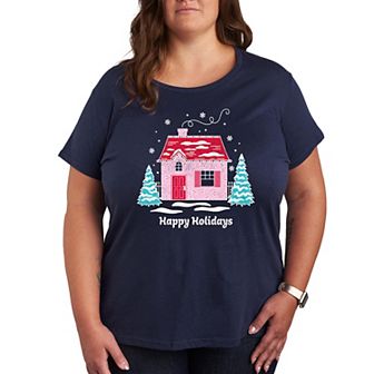 Plus Size Pink Holiday House Graphic Tee
