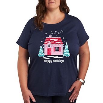 Plus Size Pink Holiday House Graphic Tee