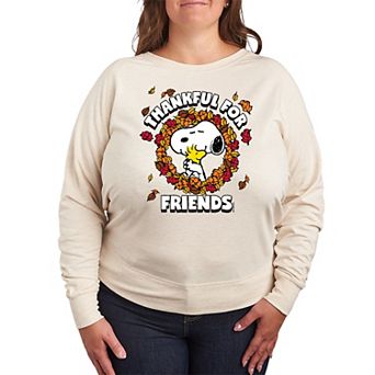 Women's Peanuts Snoopy & Woodstock Thankful For Friends French Terry Long Sleeve Tee