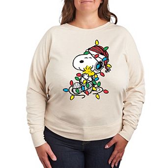 Women's Peanuts Snoopy & Woodstock Christmas Lights French Terry Long Sleeve Tee