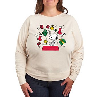 Women's Peanuts Snoopy & Woodstock Christmas Presents French Terry Long Sleeve Tee