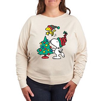 Women's Peanuts Snoopy & Woodstock Christmas Tree French Terry Long Sleeve Tee